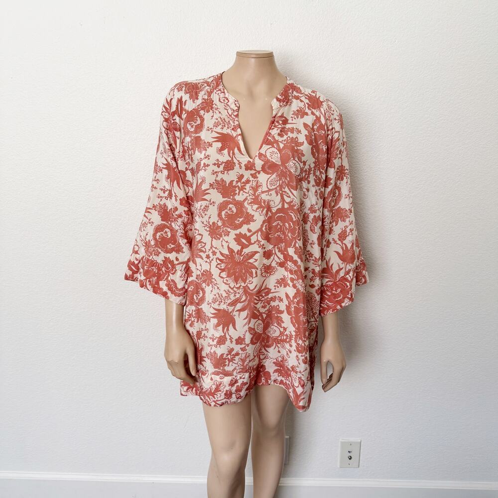 [World Market] Terracotta Pink Floral Print Tunic Top Coverup Split Neck Sz L XL
